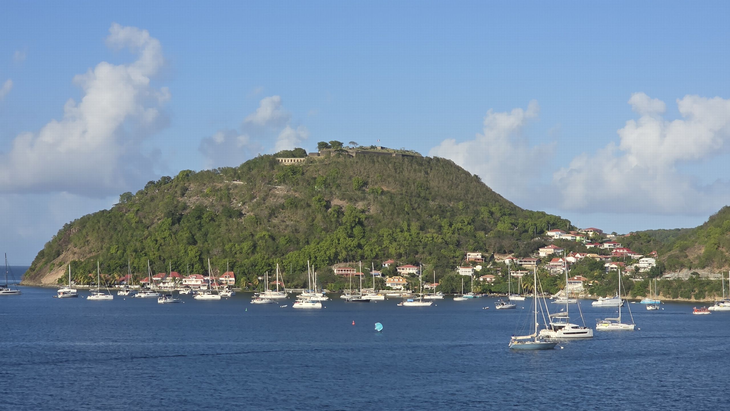 Îlet boisé émergeant de la baie, voiliers ancrés au premier plan