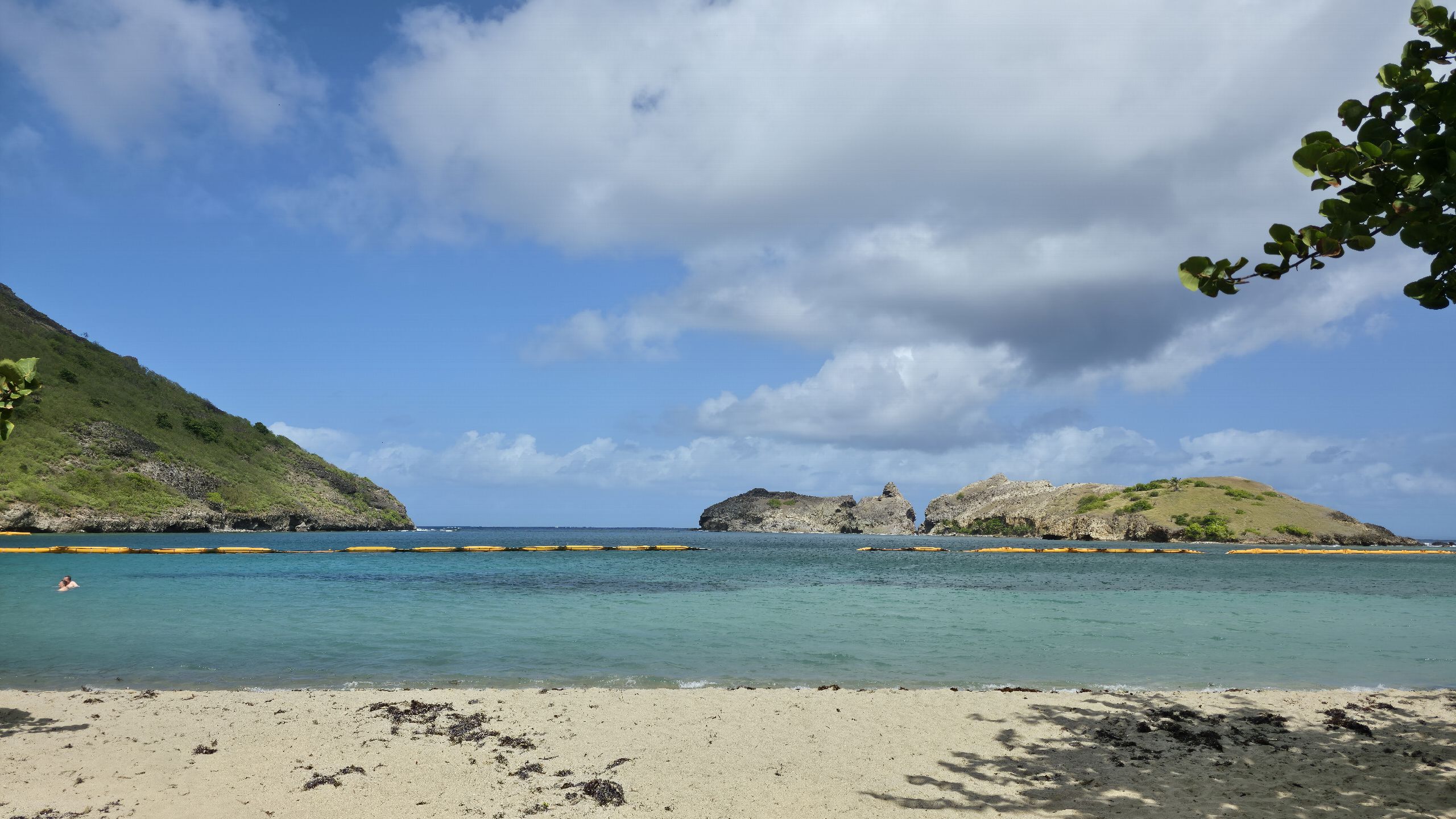 Plage de sable blanc bordée d'eau turquoise face à un îlet vert